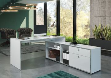 TE_195294021 | Infinity - mobilier de bureau - bureau 160 x 123 cm en laque gris-claire avec des profils chromé | Belfurn