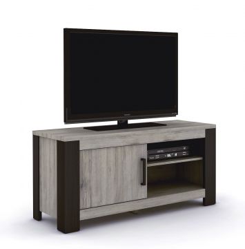 I02-METTV-120 | Metz meuble tv 120cm dans un décor de gris rustique et panneaux latéraux noirs | Belfurn