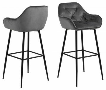 ACT- 0000090452 | Bjork lot de 2 chaises de bar, hauteur d'assise 76 cm tissu velours VIC-28 gris foncé - pieds acier noir | Belfurn