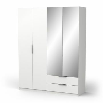 DE_391371 | Ghost - 4 deurs kledingkast met 2 spiegeldeuren en laden 158x203cm wit | Belfurn