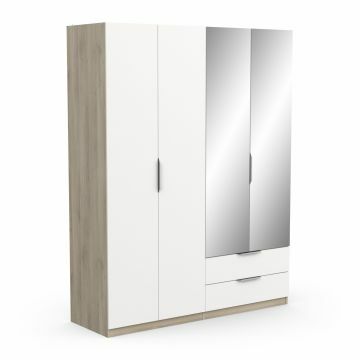 DE_391385 | Ghost - 4 deurs kledingkast met 2 spiegeldeuren en laden 158x203cm wit - bruin | Belfurn