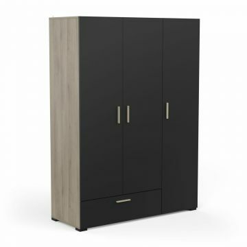 DE_385286 | Izzy noir-chêne - armoire 3 portes 2/3 penderie et 1/3 lingère avec tiroir - 135x190cm | Belfurn