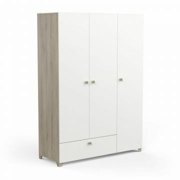 DE_385274 | Izzy blanc-chêne - armoire 3 portes 2/3 penderie et 1/3 lingère avec tiroir - 135x190cm | Belfurn