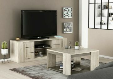DE_452879 | Tv-meubel ANTIBES 150cm breed met 2 open nissen en 2 schuifdeuren in melamine champagne eik /beton | Belfurn