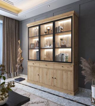 Vitrine Balencia lichte eik- vitrinekast 3 glasdeuren 182cm met Led verlichting Lichte eik 39x181 cm – stijlvol en praktisch