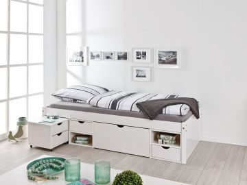 1-persoonsbed Eenpersoonsbed met veel opbergruimte TILL (90x200 cm) met 1 nachtkastje, 3 laden en 2 nissen in massief hout wit vernist 209x96 cm – stijlvol en praktisch