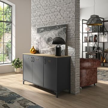 Commode Manchester - klein dressoir 136cm 3 deuren kleur zwart met helvezia eik lichte eik en zwart 40x136 cm – stijlvol en praktisch