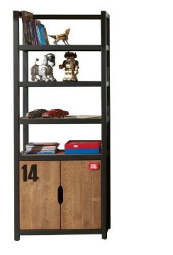 Bibliotheek ALEX zwart gelakt , bruin gebeitst in loftstijl