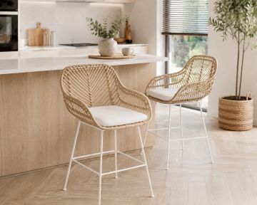 Set van 2 barkrukken Bali rotan – zithoogte 65 cm – wit metalen onderstel
