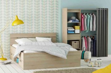 Bed Michigan eik van 140x200 met 2 lades en een open vak