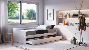 Lit banquette Leonie – 90x190 cm – avec tiroir-lit – pin massif blanc
