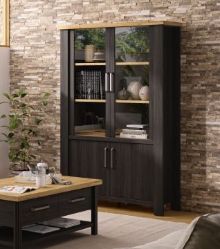 Vitrinekast Sequoia 4 deuren – zwart met eik artisan – met LED