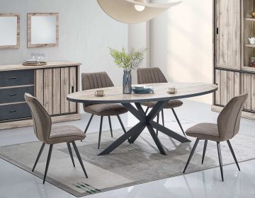 Eetkamertafel ovaal 220x110 cm Elena in canada eik decor met zwarte metalen spinpoot