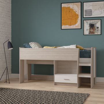 1-persoonsbed Hoogslaper NANO 90x200 met bureau en lade – eik/wit bruine eik en wit 120x204 cm – stijlvol en praktisch