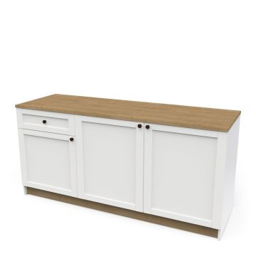 Keuken Keukenkast COTTAGE 180 cm in witte melamine met bruin bovenblad Wit-bruin 58x180 cm – stijlvol en praktisch