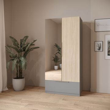 Armoire CBA Meryl 90 cm avec miroir et tiroir - Gris et décor chêne clair