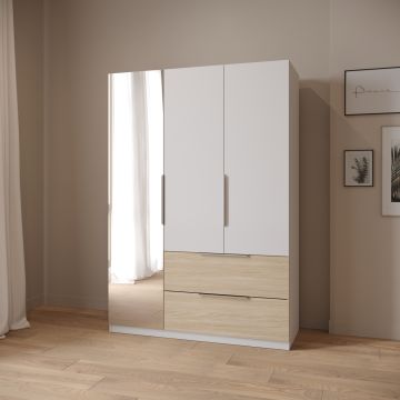 Armoire CBA Meryl 134 cm avec miroir et 2 tiroirs - Blanc et décor chêne clair