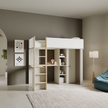 Mezzaninebed CAMILLIA met bureau, kast en spiegel – Argile/Grijs/Eik