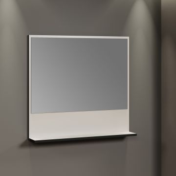 PureBliss – Miroir mural avec étagère en mélamine gris kashmir clair/noir – L/H/P : 80 x 74 x 14 cm