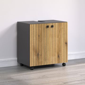 PureBliss – Onderkast voor wasbak 60cm in antraciet/Evoke Eik/zwart melamine op wieltjes – B/H/D: 60 x 64 x 42 cm