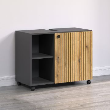 PureBliss – Onderkast voor wasbak 80cm in antraciet/Evoke Eik/zwart melamine op wieltjes – B/H/D: 80 x 64 x 42 cm