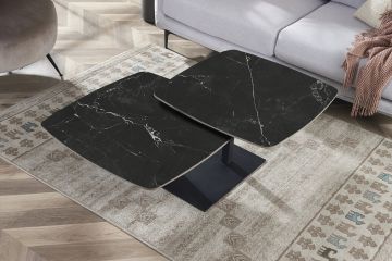 Salontafel Sendai – 70-120 x 70 x 35 cm – Zwart marmerdecor – Draaibaar in twee delen
