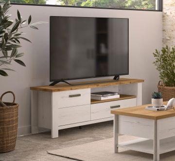 TV-meubel Manosque wit gekalkt hout met bovenblad eik artisan 1 deur 1 lade open niche