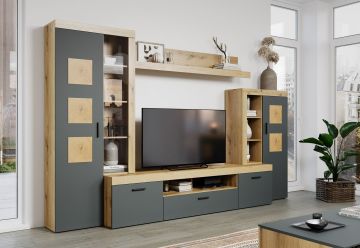 Complete tv-wand Tyler - 4 delige woonwand 230x52x52cm in melamine eik met front in antraciet bruin-matera grijs 52x331 cm – stijlvol en praktisch