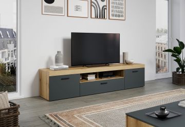 Tv-meubel Tyler - tv kast 230x52x52cm in melamine eik met front in antraciet bruin-matera grijs 52x230 cm – stijlvol en praktisch