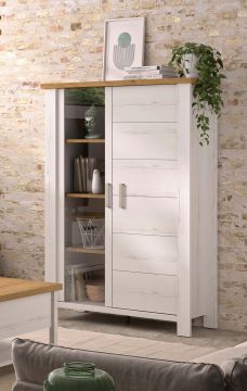 Vitrinekast Manosque – witgekalkte houtstructuur en eik artisan – 2 deuren waarvan 1 glasdeur – met LED