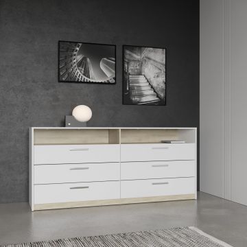 Commode – ladekast Watson – 6 lades en open niches – wit mat / eik kronberg