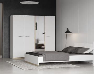 kledingkast WATSON – 4 draaideuren + spiegel – Wit mat / Eik Kronberg