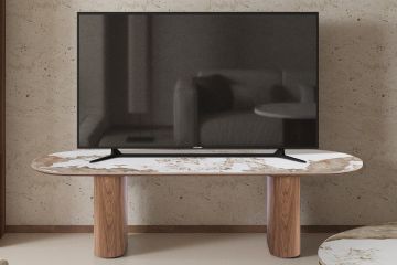 Evoria meuble TV 160 cm – effet marbre brun doré – pierre frittée