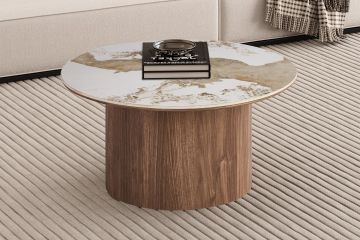 Evoria table basse ronde 80 cm – effet marbre brun doré – pierre frittée