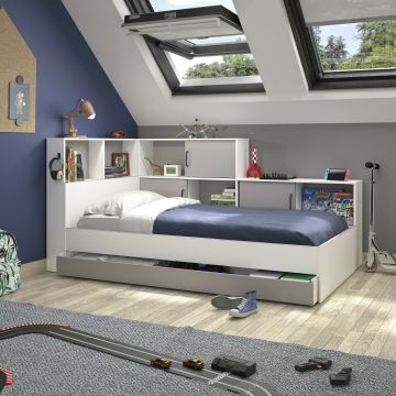 1-persoonsbed Erwan  wit-grijs bedkader met opberging  90x200cm Grijs 221x120 cm – stijlvol en praktisch