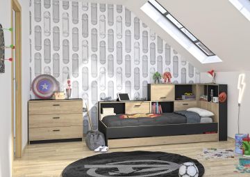 1-persoonsbed Tonight zwart-kastanje bedkader met opberging 90x200cm lichte eik en zwart 221x120 cm – stijlvol en praktisch