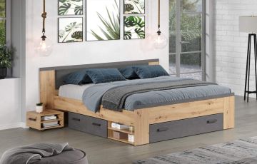 2-persoonsbed Follow - 2 persoonsbed 180x200cm met nachtkasten en opberglades in melamine artisan eik met grijs Bruin 203x230 cm – stijlvol en praktisch