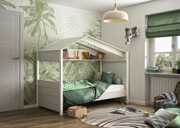 Hoogslaper Huisbed bed 90 x 200 cm NAIROBI gebleekte kastanje en effen wit 207x105 cm – stijlvol en praktisch