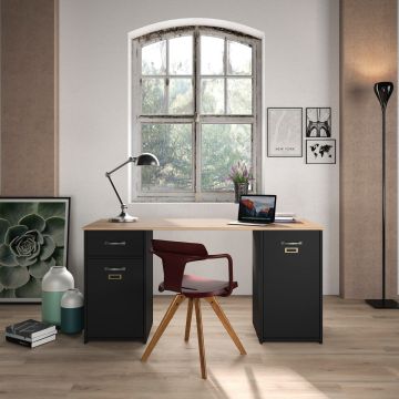 Hedendaags bureau Bureau 1 lade 2 deuren BRISTOL lichte eik en zwart 60x150 cm – stijlvol en praktisch