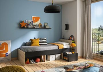 1-persoonsbed Ergo bedkader met opberging 90x200cm lichte eik en zwart 132x219 cm – stijlvol en praktisch