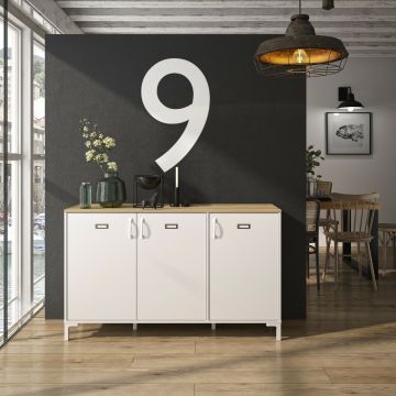Dressoir Manchester - dressoir 136cm 3 deuren kleur wit met helvezia eik Wit 40x136 cm – stijlvol en praktisch