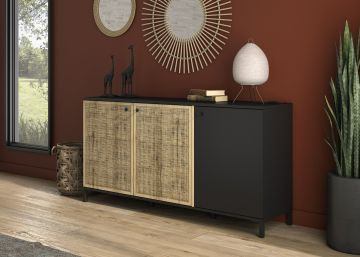 Dressoir Batam - dressoir 160cm 3 deuren met rotan afdruk kleur zwart met helvezia eik lichte eik en zwart 40x160 cm – stijlvol en praktisch