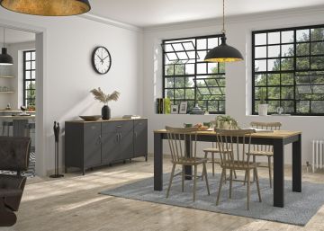 Eetkamertafel en stoelen Manchester - eetkamertafel 160cm kleur zwart met helvezia eik lichte eik en zwart 160x160 cm – stijlvol en praktisch