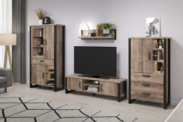 Wandkast Emile - 4 delige woonwand tv wand 389cm in mango decor met zwarte zijpanelen Bruin zwart 45x389 cm – stijlvol en praktisch