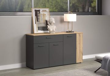 Dressoir Esteban - dressoir 150x83x42cm in melamine antraciet met front en bovenblad in eik 42x150 cm – stijlvol en praktisch