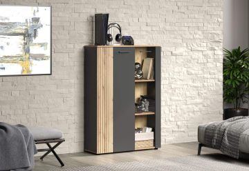 Vitrine Esteban -  Brede opbergkast 90x132x34cm in melamine antraciet met front en bovenblad in eik 34x90 cm – stijlvol en praktisch