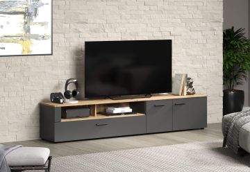 Tv-meubel Esteban - tv kast 210x43x41cm in melamine antraciet met front en bovenblad in eik 41x210 cm – stijlvol en praktisch