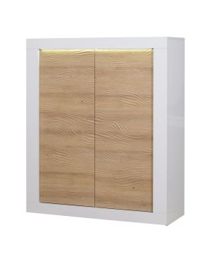 Vitrine Cusco  - Barmeubel 120cm met led in witte hoogglanslak met eiken front Wit-bruin 45x121 cm – stijlvol en praktisch