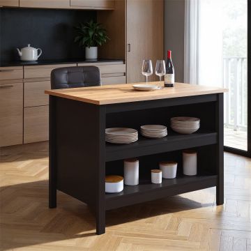 Keukeneiland Helina - Zwart/eiken ambacht - 124 x 75 x 91,5 cm