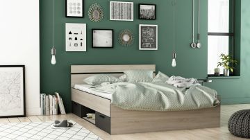 2-persoonsbed Michigan Bedkader eik en zwart van 90x200cm met 2 lades en open vak eik en zwart 194x144 cm – stijlvol en praktisch